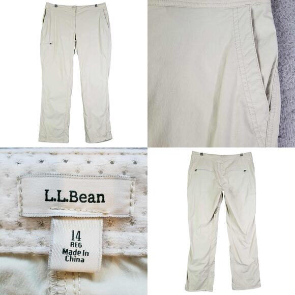 LL Bean Trail Pants Womens Size 14 Tan Straight Leg Outdoor Hiking Cargo Hiking - Picture 1 of 12